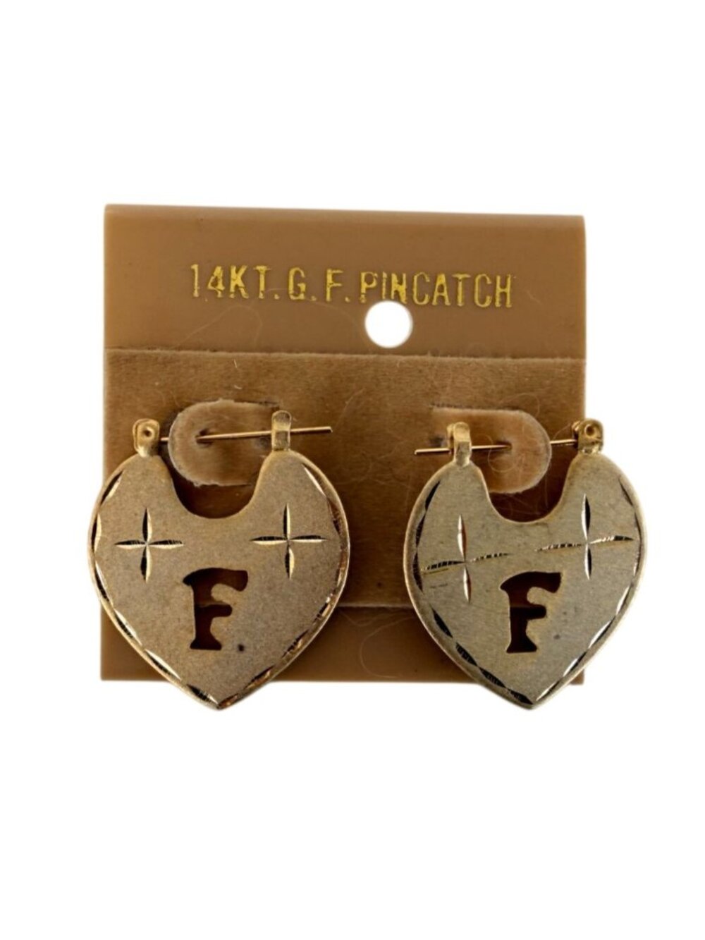 Vintage NOS Statement 14K Gold-Filled Heart Pierced Earrings "F" Monogram Cutout